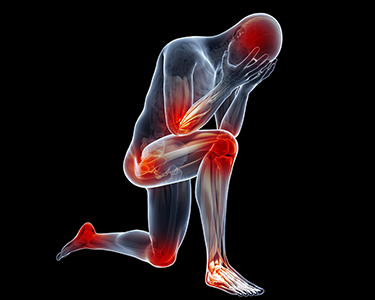 3D illustration of a human figure with highlighted pain areas in joints and muscles against a black background.