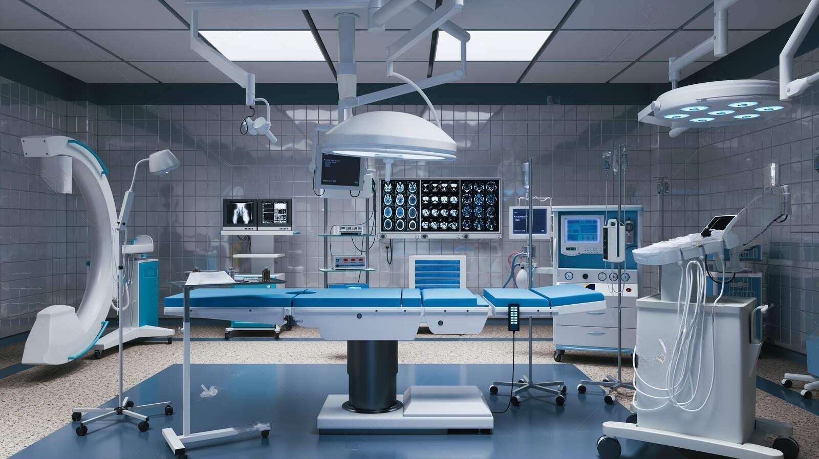 Modern operating room with advanced medical equipment, monitors, and surgical table.