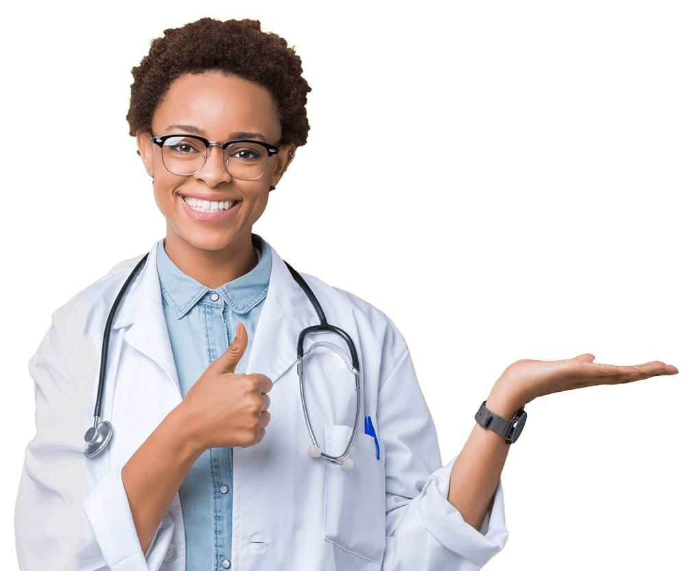 a woman doctor with a stethoscope giving a thumbs up