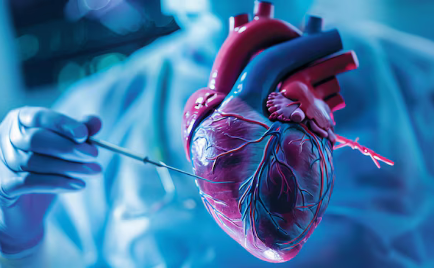 a man in white lab coat holding a heart model