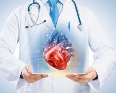 a doctor holding a tablet with a human heart on it